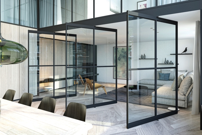 Steel look door frame with toughened glass panels