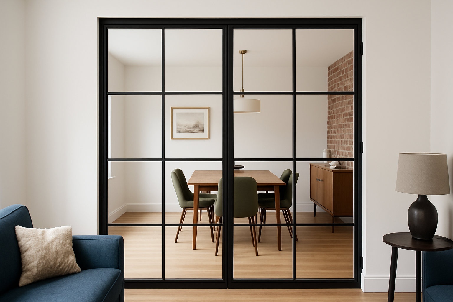 	Slim aluminium French internal door with black steel-look frame